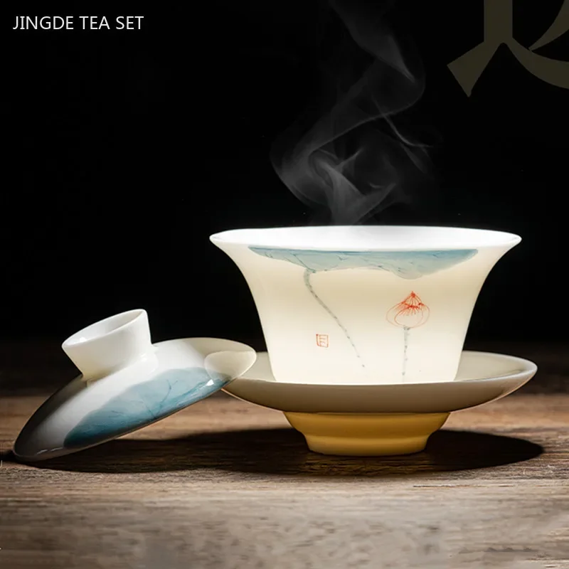

120/140ml Hand-painted Goat Fat Jade White Porcelain Gaiwan Household Ceramic Tea Infuser Traditional with Cover Teacup
