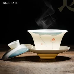 120/140ml Hand-painted Goat Fat Jade White Porcelain Gaiwan Household Ceramic Tea Infuser Traditional with Cover Teacup