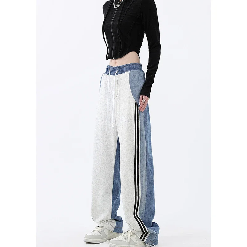 Spliced Wide Leg Pants, Elastic Waist Design, Color Matching Pocket, High Waist, Straight Leg, Casual Pants, Spring, New, 2024