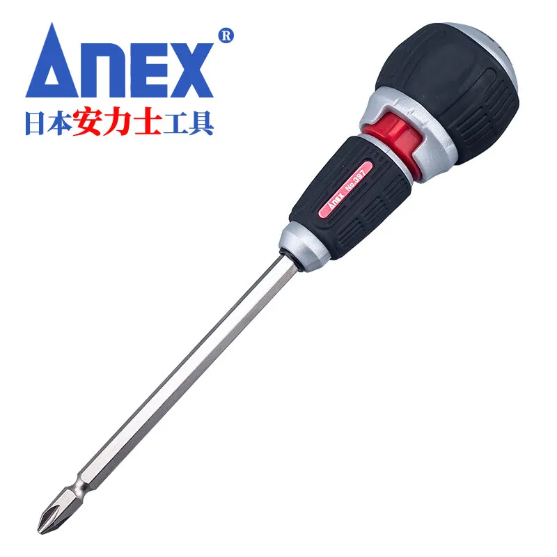 

ANEX Ratchet Screwdriver 72 Gears, Ball Handle, Magnetic Driver Bit (Phillips Slot +2, Flat Head 6), Made in Japan