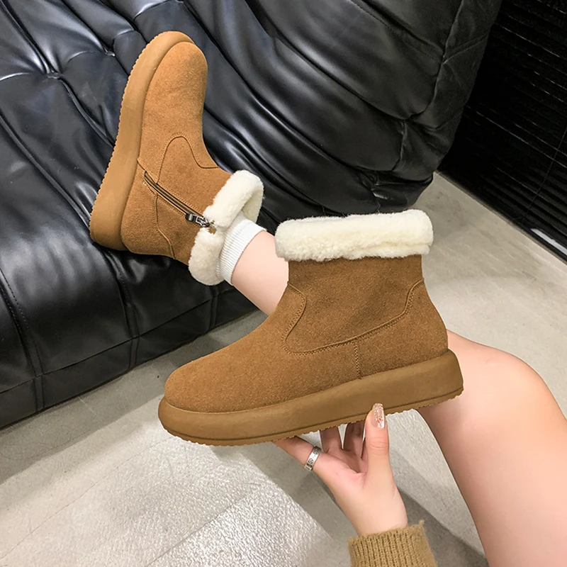 Snow Boots For Women Female Shoes Boots-Women Plush Winter Footwear Ladies Leather Mid-Calf 2024 Fur Shearling Lady Boots Boots-