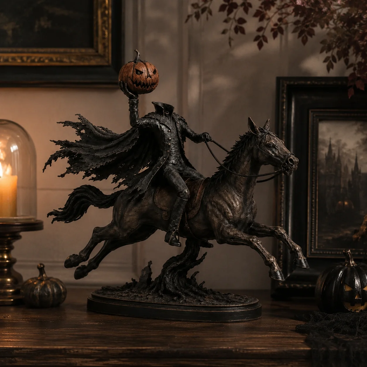 22cm Headless Horseman Resin Statue Halloween Pumpkin Knight Figure Sculpture Home Desk Room Decoration Ornament Gift view 6