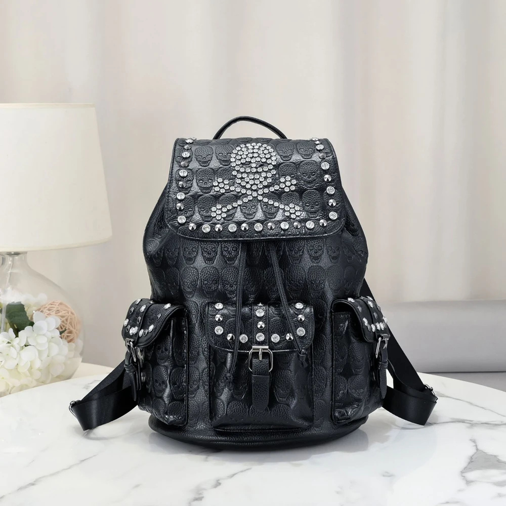 

SHELKSBAG Steampunk Gothic Skull Crossbones Rhinestone Backpack Large Capacity Laptop Bag Punk Leather Daypack for Men & Women