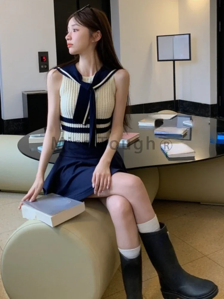 Striped Japanese Kawaii Two Piece Set Women Bandage Vintage Sweet Mini Skirts Suit Female Sleeveless Tops ＋ Fairy Pantskirt 2024