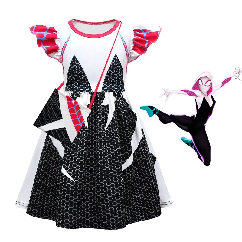 Summer New Disney Marvel Children Cosplay Party Costumes Spider Gwen Cartoon Dress Girls Flying Sleeve Dress