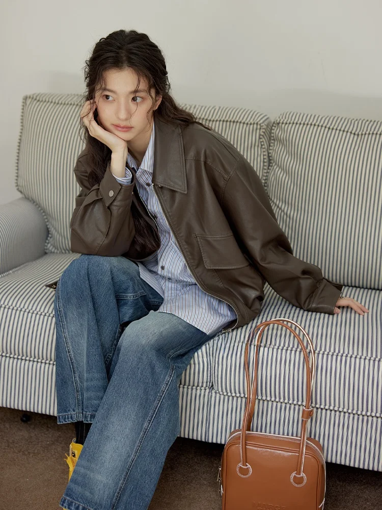 Retro Hazelnoot Bruin Moto Jaet Loose Fit Dames Lente Bovenkleding Winddicht Revers Jas Amy Wine House Pendelen Sle