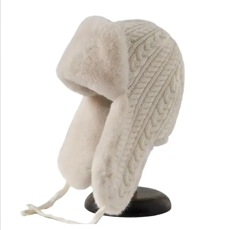 

Korean Style Knitted Winter Hat With Ear Flaps Plush Thickened Warm Trapper Hat Tie Closure For Women
