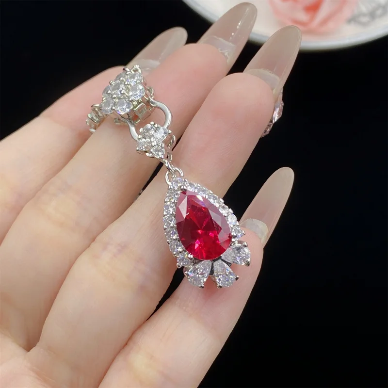 

Red Corundum Water Drop Shape Three-Piece Full Diamond Open Ring for Women Elegant Luxurious Pendant Earrings Set
