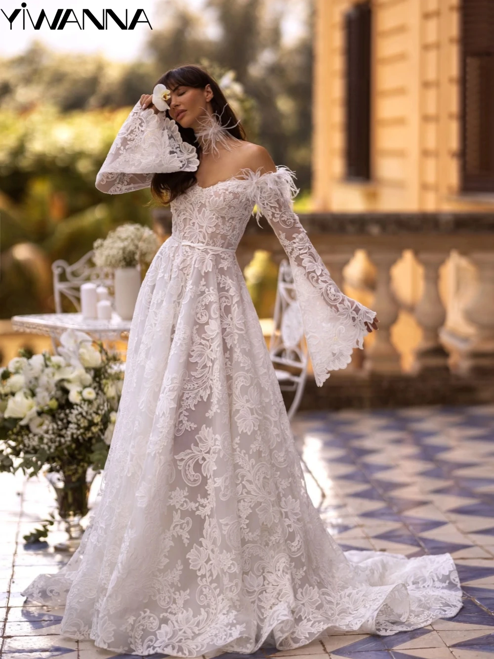 Vestido De novia con Apliques De encaje Vintage, bata De novia con hombros descubiertos, vestido De novia largo acampanado De plumas blancas, bata De boda personalizada