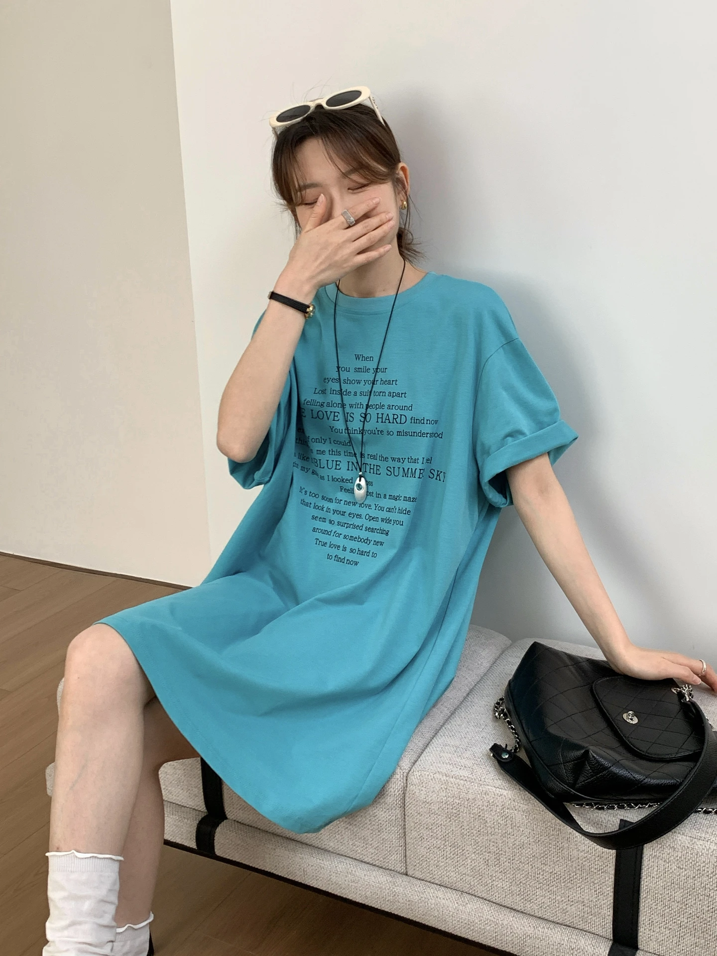 Laid-back Korean Style Letter Print T-shirt Dress Women's Summer New Loose Short Sleeve Anti-aging Midi Skirt Dress