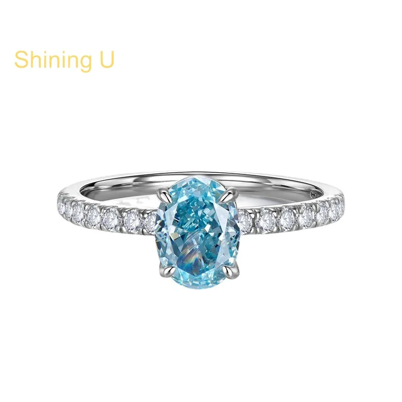 

Сияющее серебро U S925, 6*8 мм, овальное кольцо с аквамарином, высокоуглеродистые кольца с драгоценными камнями и бриллиантами для женщин, ювелирные изделия, лето
