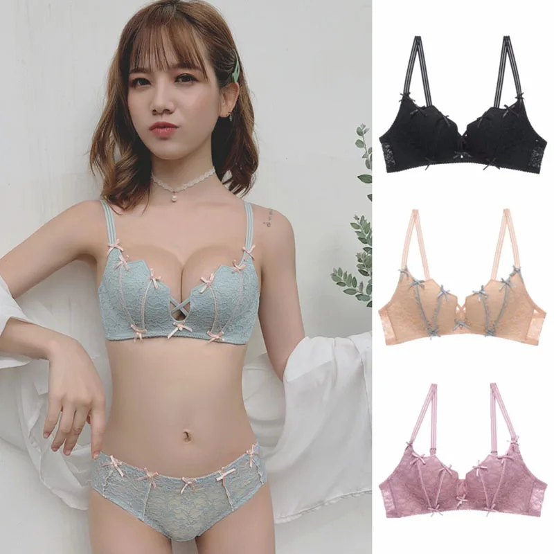 Floral Lace Sexy No Trace Bra No Underwire Breathable Wipe Chest Bow Underwear Women Gathered Upper Support Small Bra Soft