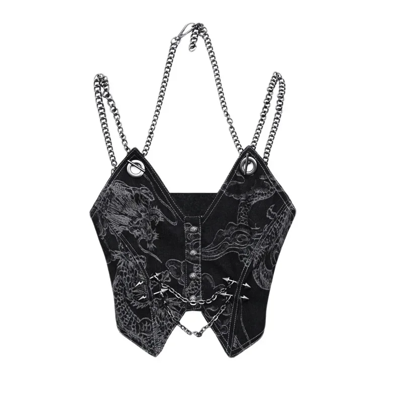 Rifornimento di sangue originale Punk Cowboy Spaghetti Crop Top Tube Dragon Hot Girl Rivet catena corta in metallo Goth estetica Grunge Top Vest