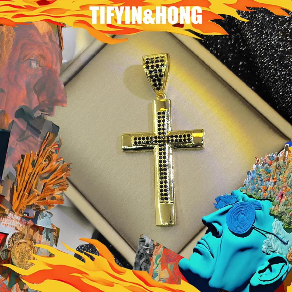 Hot selling 2024 new hip-hop trend Jesus cross color full diamond gold pendant gold necklace, premium version, religious gift