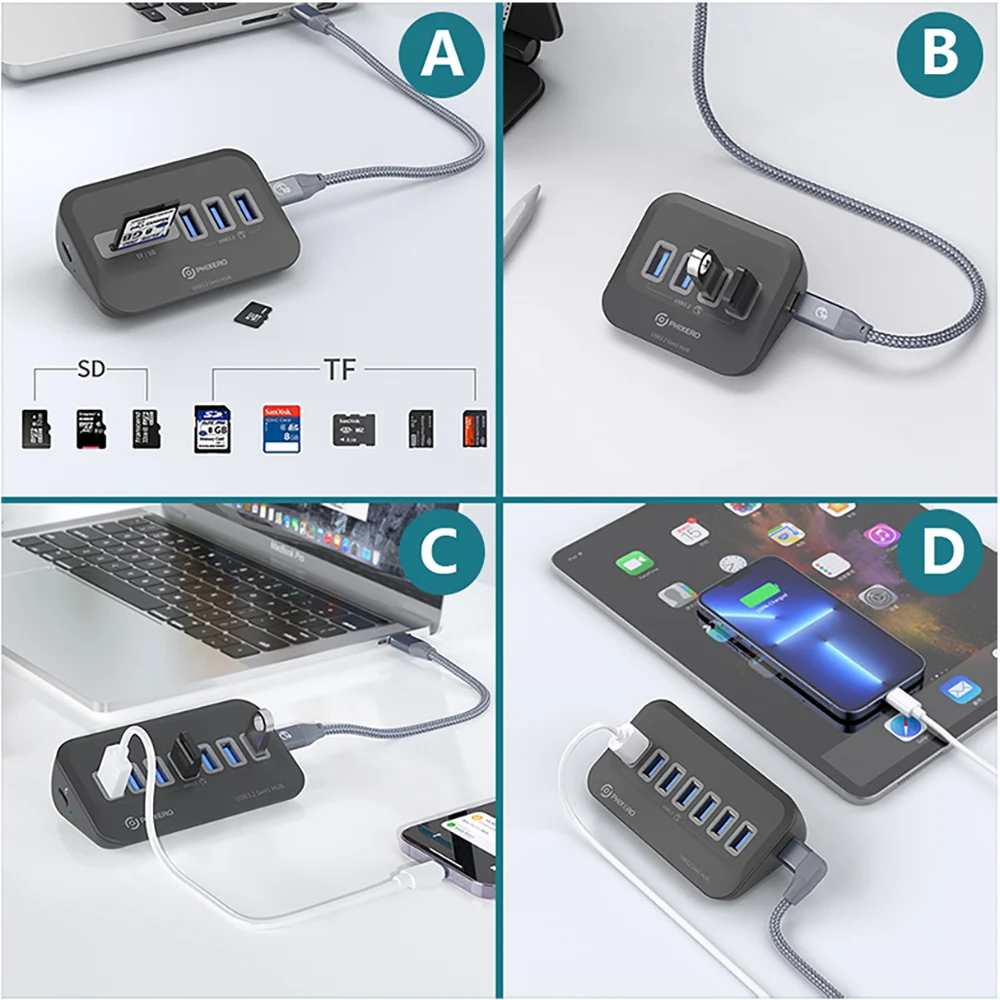 محطة إرساء PHIXERO USB 3.2 HUB Type C USB 3.0 محول متعدد الوظائف محطة إرساء متعددة المنافذ مع بطاقة SD لأجهزة الكمبيوتر المحمول