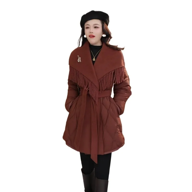 

Популярная модная зимняя куртка Ankola с красными лацканами и бахромой, средняя и длинная новая темпераментная элитная куртка, хлопковая одежда, дорожные пальто