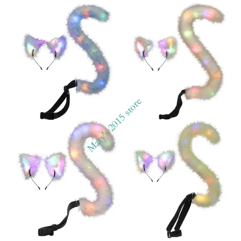 

E15F светодиодная подсветка кошачьих ушей, повязка на голову и хвост, комбинированная, мягкая, удобная для костюмов на Хэллоуин