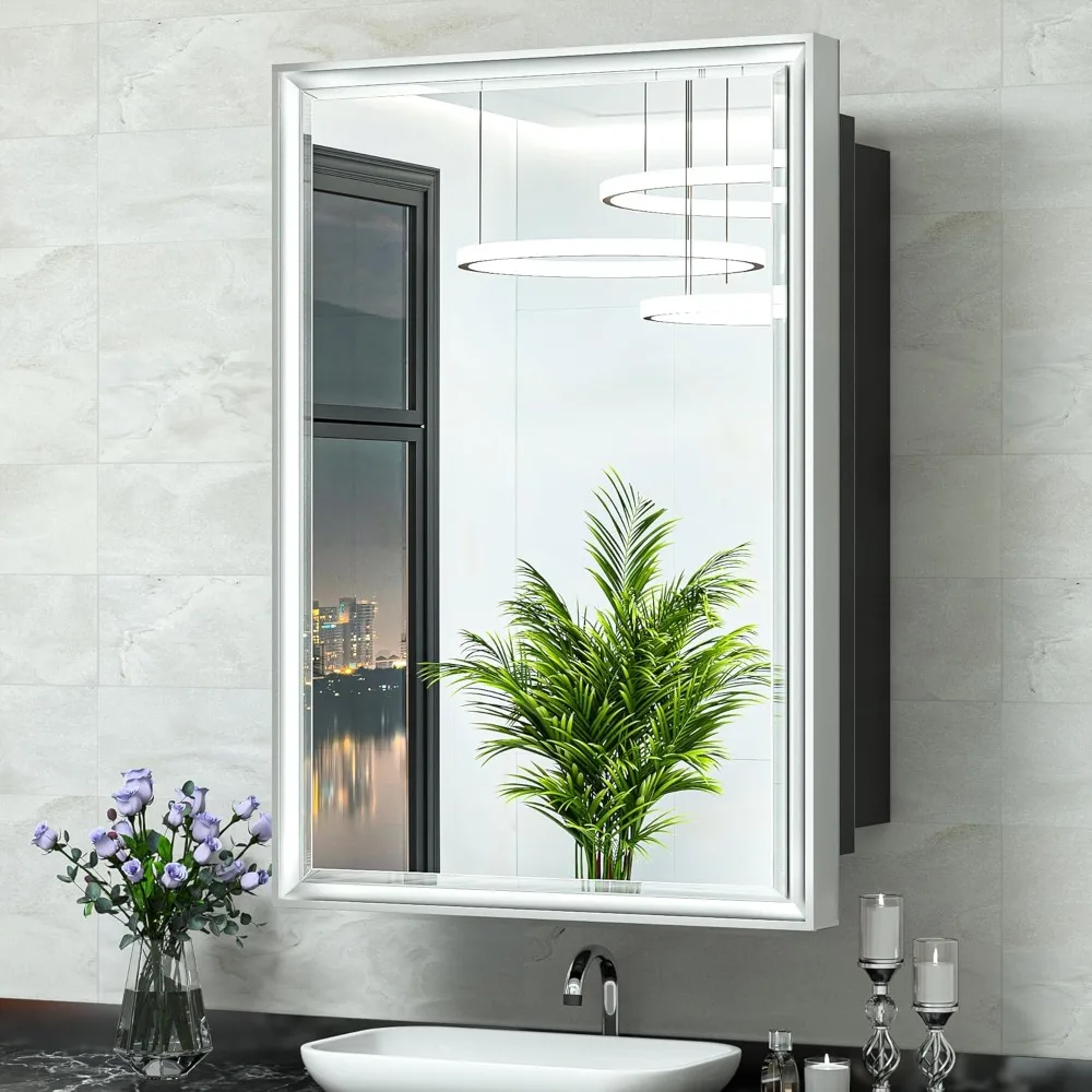 

Wall-mounted mirror cabinet, metal beveled mirror with bathroom vanity storage space, aluminum mirrors cabinet mirrors