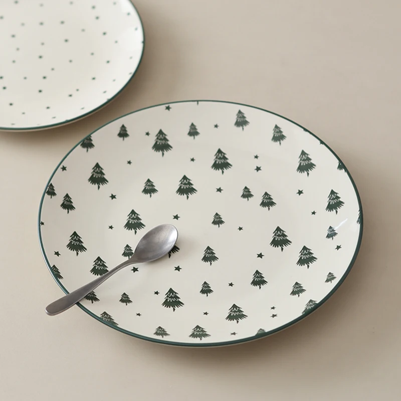 

Nordic Printed Christmas Tree Plate Cute Green Ceramic Plates Simple Holiday Dessert Tableware Household Versatile Dinner Disc