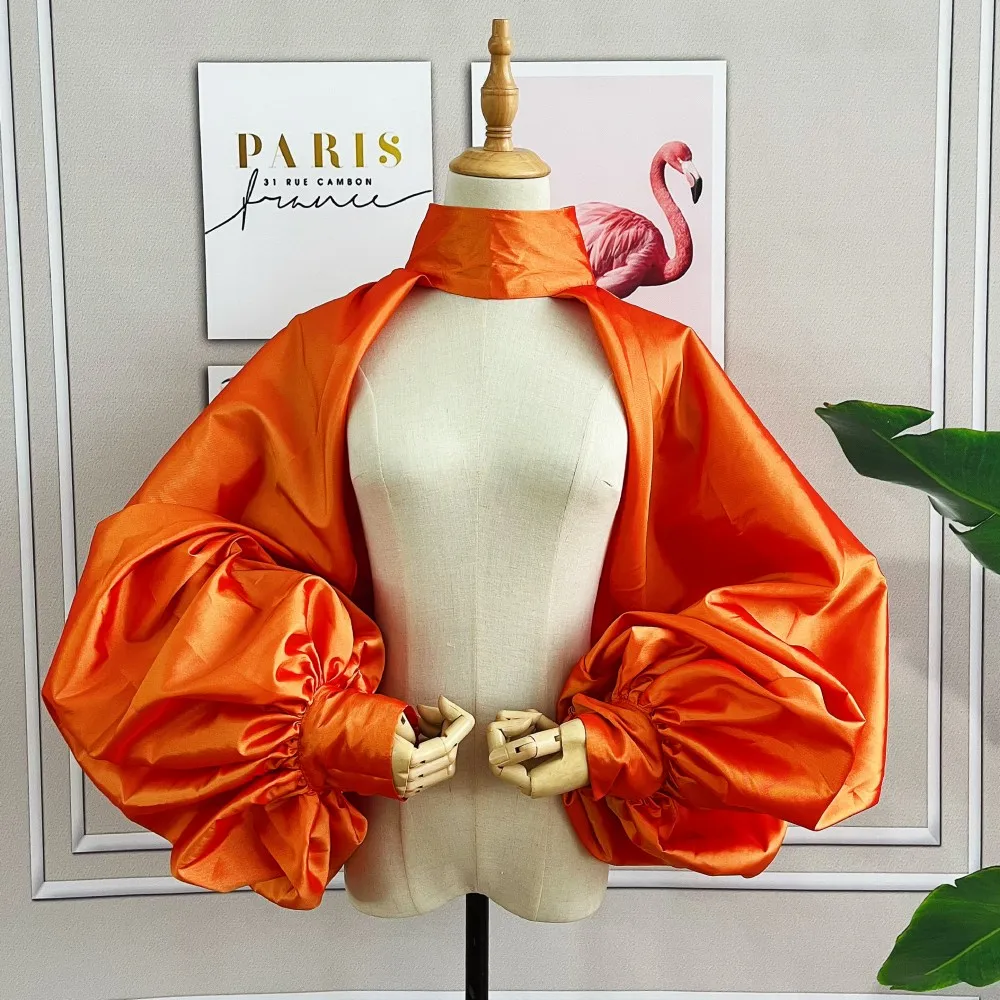 

Orange Gold Fashion Jacket Puffy Sleeves Cloak Short Bolero Shawl High Neck With Buttons Bridal Accessories