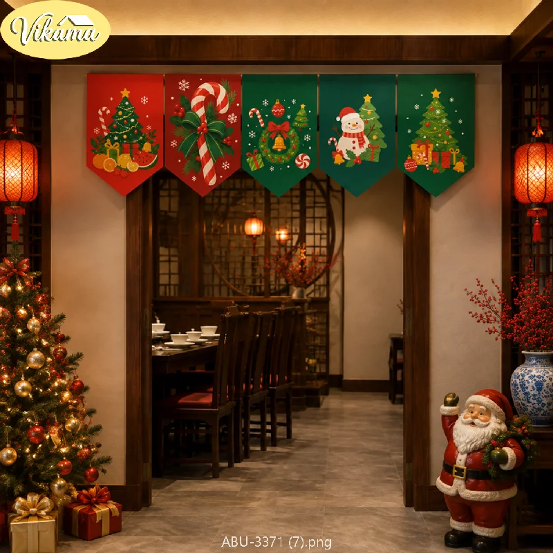 VIKAMA Christmas Chinese Style Red Green Pennant Banner Tree Candy Cane Wreath Snowman Fruit Door Hanging Bedroom Living Room