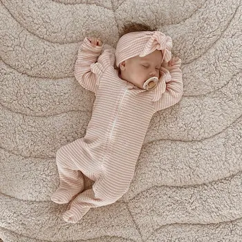 0-9 メートル新生児女の子服フリルベビースリーパージッパー Footie ニットロンパース遊び着ジャンプスーツヘッドバンド衣装 2 ピース
