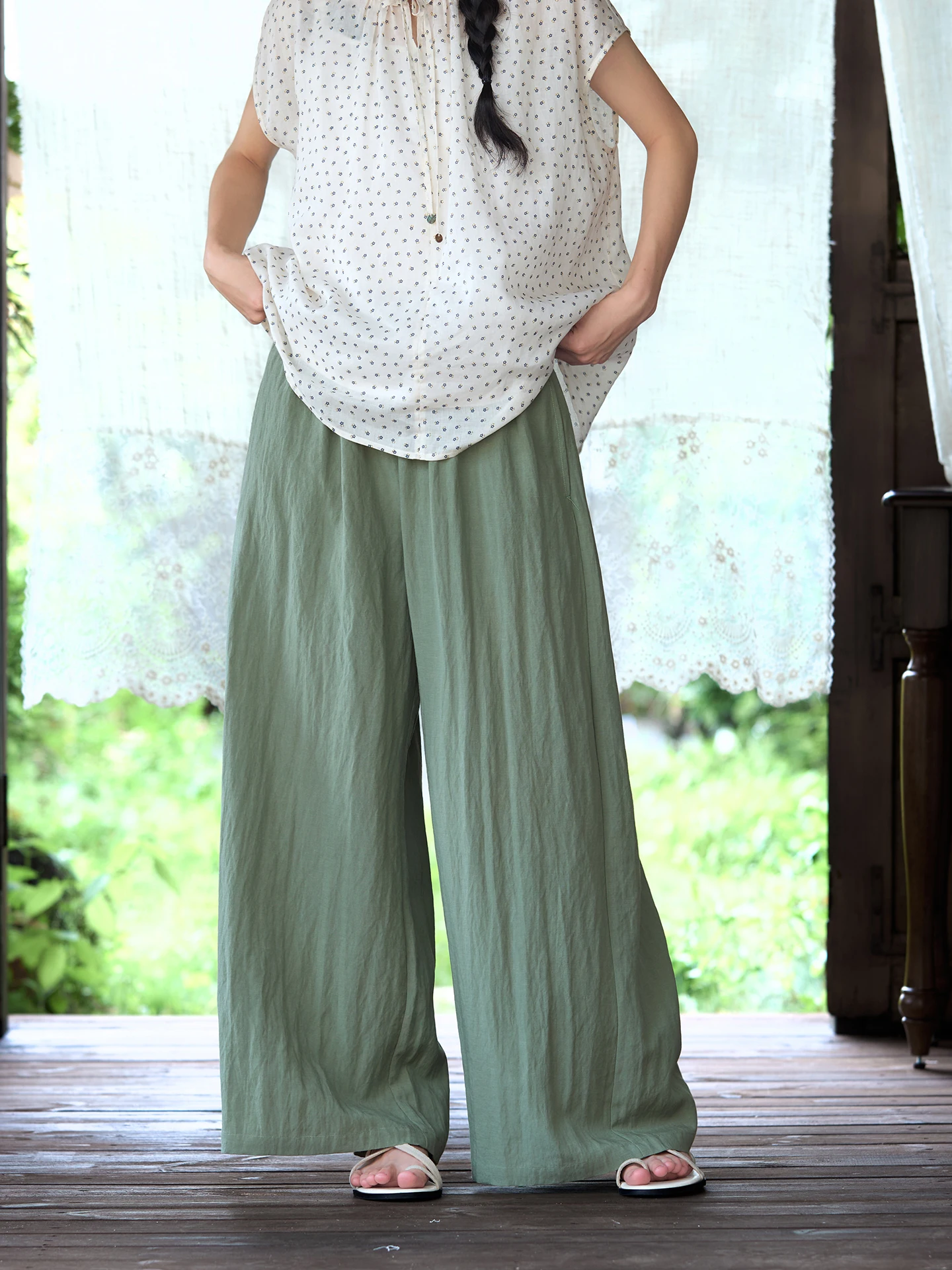 

Loose High Waist Draped Wide Leg Pants Women's Summer Thin Elastic Waist Casual Long Pants Green Color Casual Straight Leg Tr...