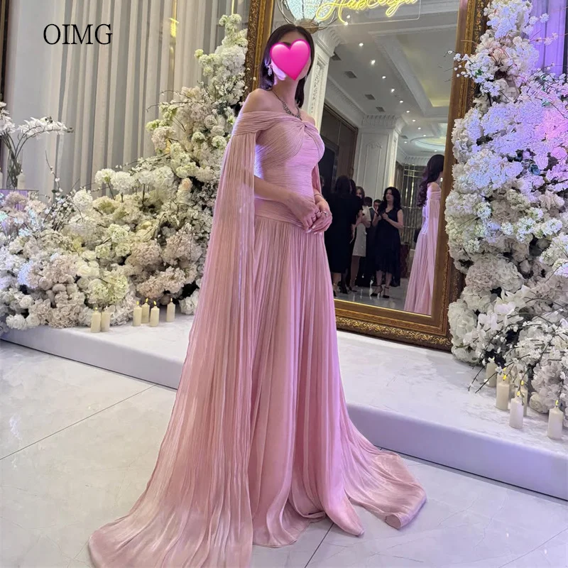 

OIMG Chic Off The Shoulder A Line Prom Gowns Cape-like Split Sleeves Pleated Party Gown Floor Length Evening Dress Customized