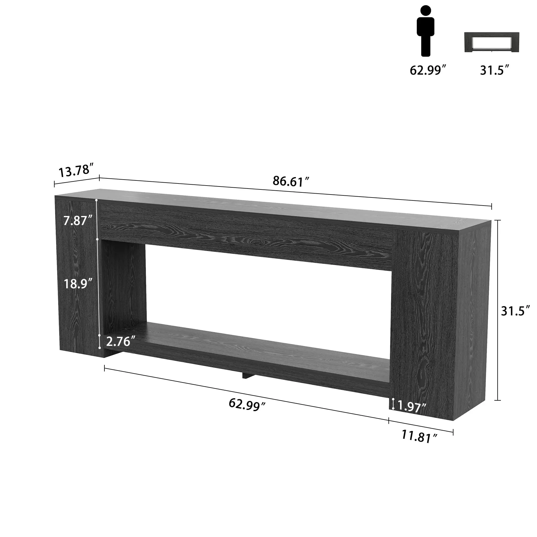 Extra Long Console Table with Storage Shelves, Black Sofa Table