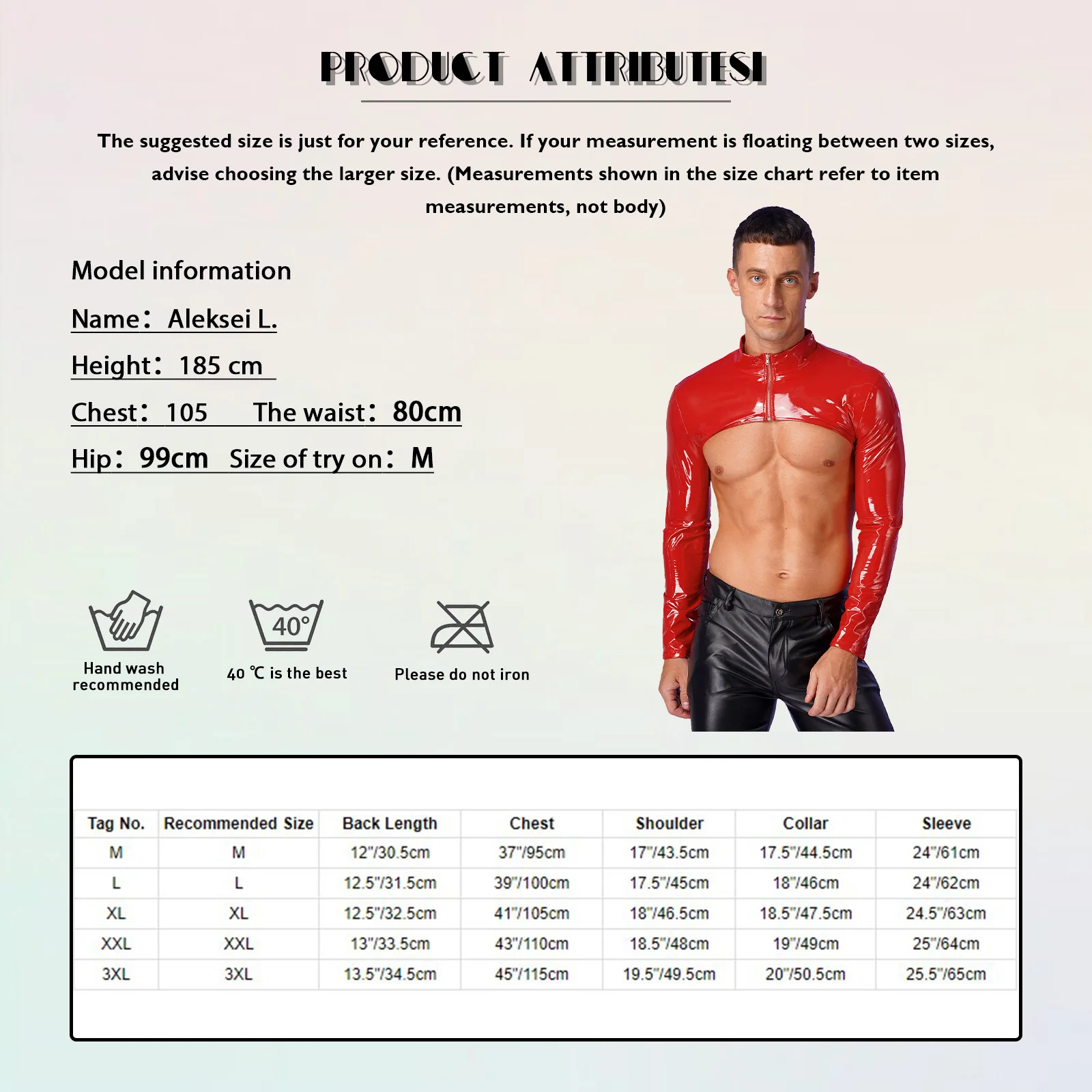 Mens Patent Leather Crop Top Stand Collar Long Sleeve Front Zipper Arm Sleeve Shrug Slim Top Showing Muscle Clubwear