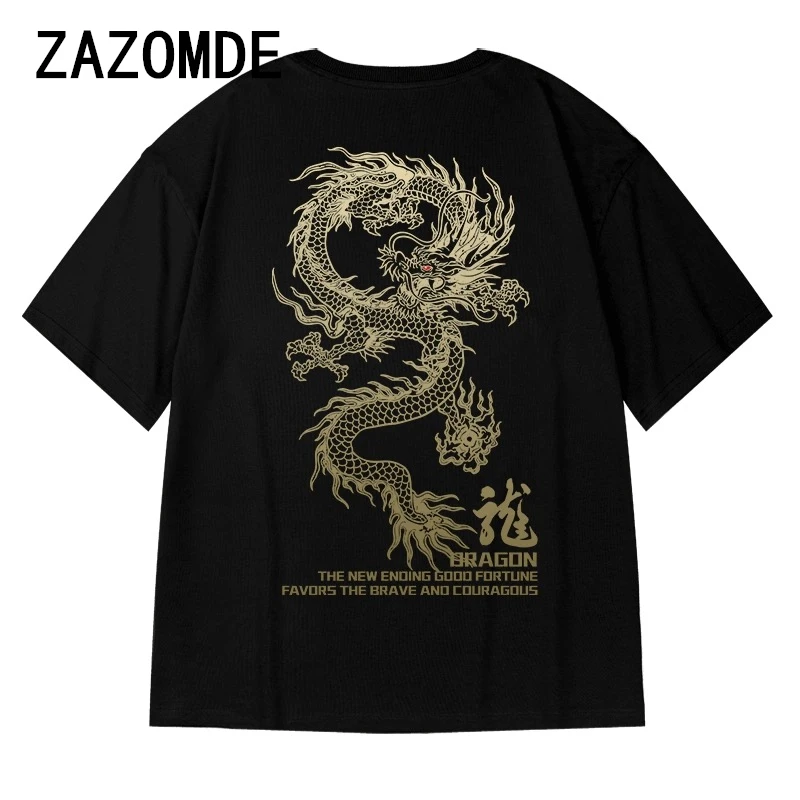 ZAZOMDE Chinese Loong Pattern T Shirt Summer Cotton Man Print Short T Shirts Hip Hop Men Women Beach Anime Clothing Tops Tees