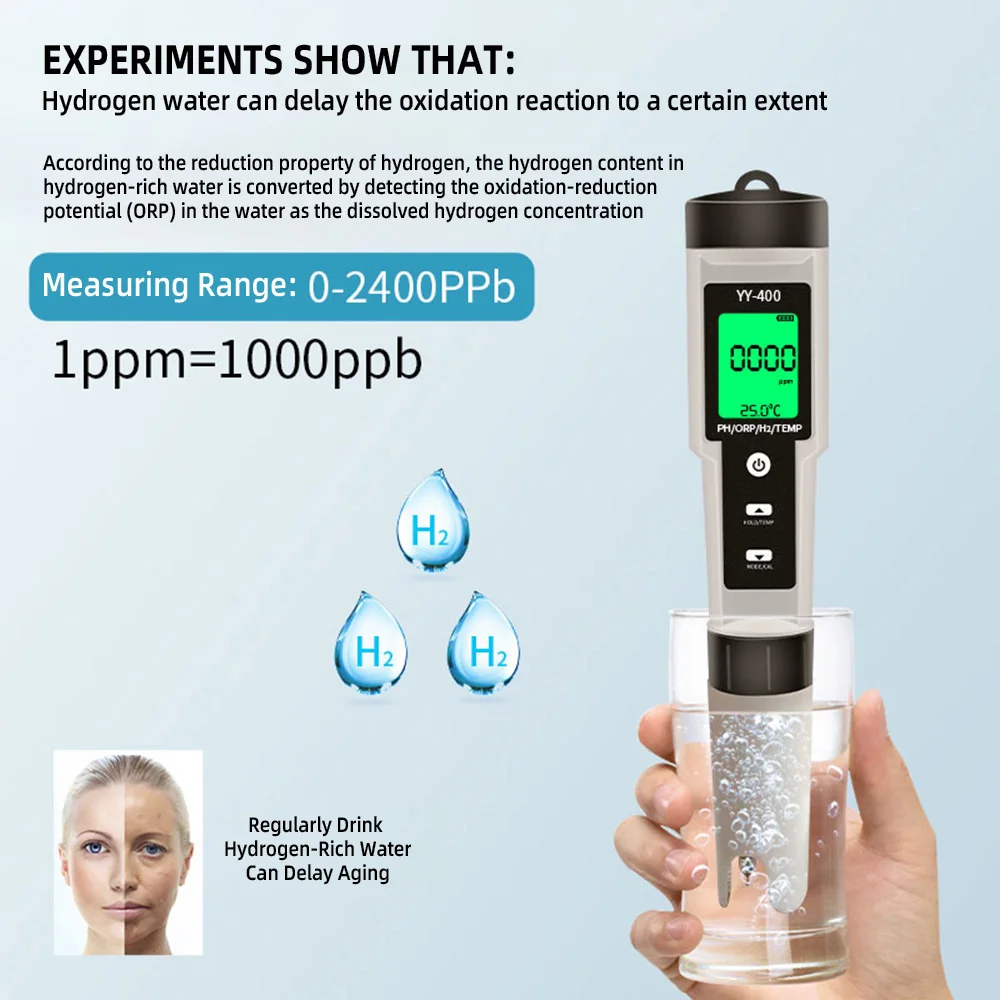 Измеритель Качества Воды 4 в 1, тестер H2/PH/ORP/TEMP, для бассейнов, питьевой воды, аквариумов