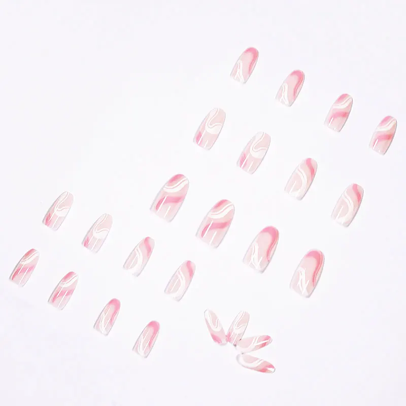 24pcs/box wearable pop series manicure, simple pink and white fake nails with added lines to enhance beauty