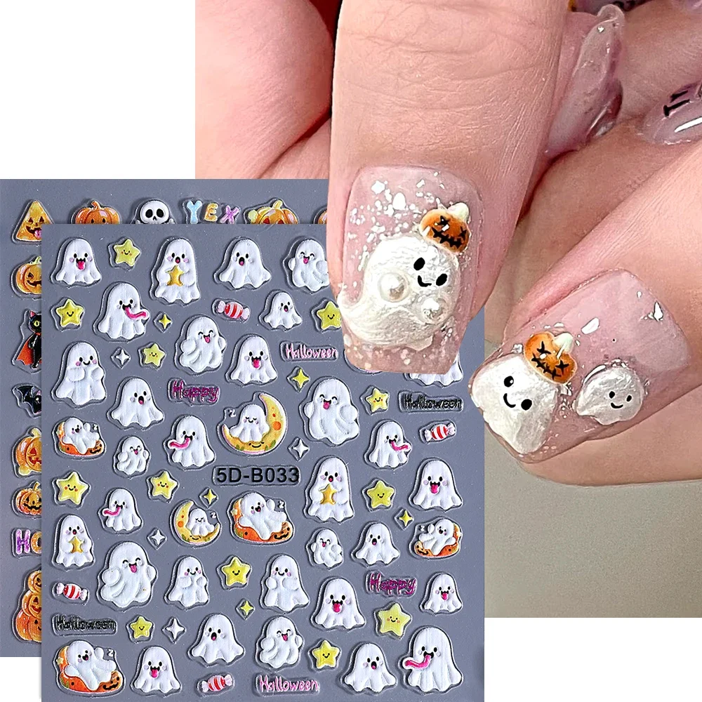 

1/3pcs 5D Embossed Halloween Nail Stickers Cute Skull Pumpkin Ghost Spider Nail Silder Decals Nail Supplies Manicure Decoration