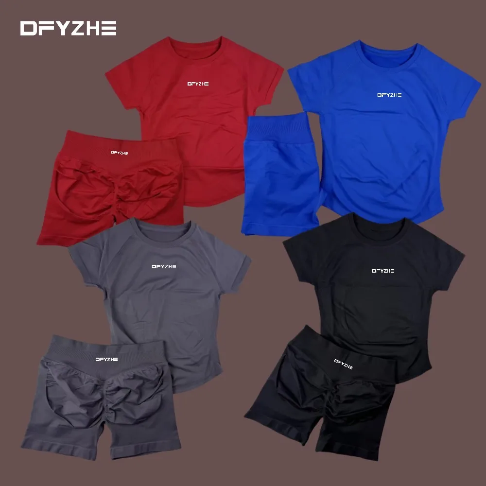DFYZHE Traje deportivo de 2 piezas, top de yoga sin costuras de manga corta, traje de fitness, pantalones cortos para correr, traje deportivo para ciclismo y boxeo