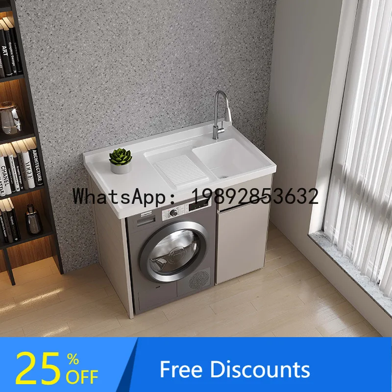 LYY Sun Protection Balcony Cabinet Space Aluminum Washing Machine Cabinet Lime Stone Laundry Table with Washboard Washing