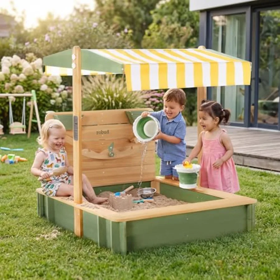 Outdoor sandbox for kids: wooden, green, with 180 adjustable canopy, balance scale, funnels, 3-sided seating, ground liner dura