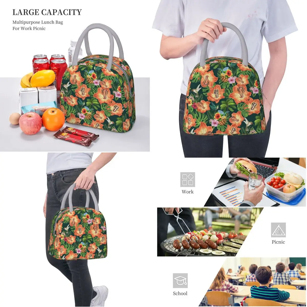 Bloemen Hibiscus Bos Merch Geïsoleerde Lunch Tas Voor Reis Voedsel Opslag Tas Draagbare Thermische Koelbox