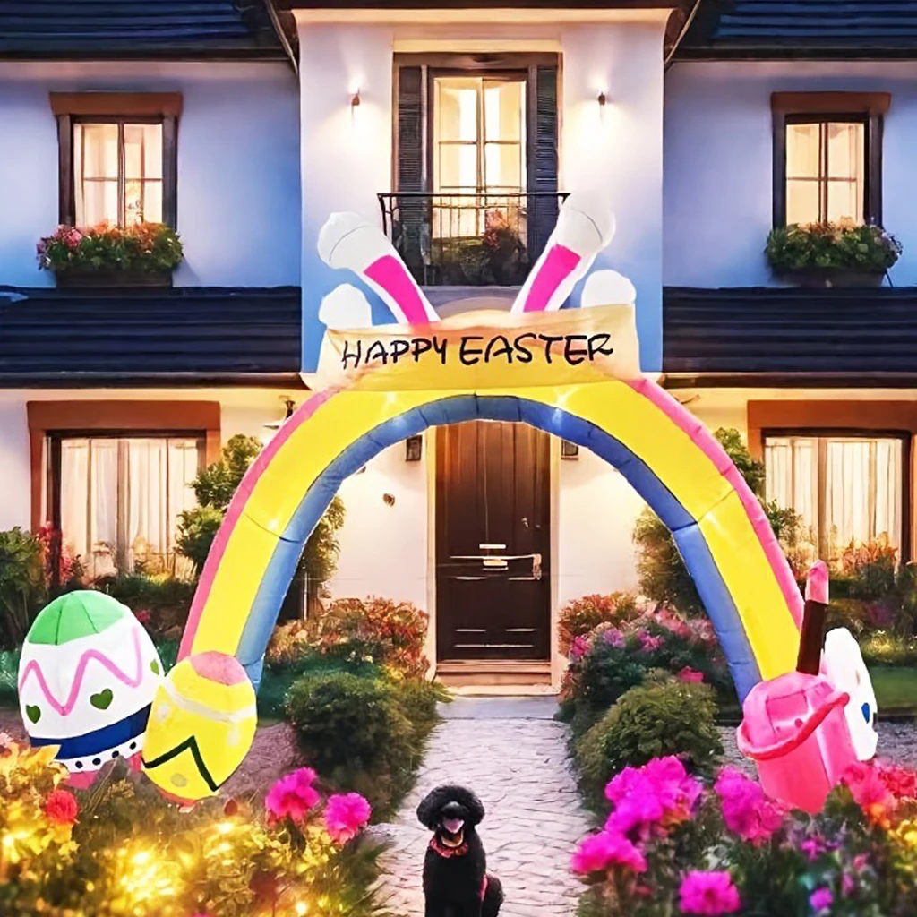 13FT Easter Inflatables Decorations Easter Bunny Inflatable Rainbow Archway with Colorful Easter Eggs Blow Ups Yard Decoration