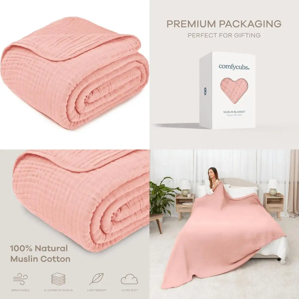 

6-слойное муслиновое одеяло Queen Size 90x90 — мягкий, дышащий, легкий чехол для взрослых — дизайн из США, можно стирать в машине, кружево розового цвета f