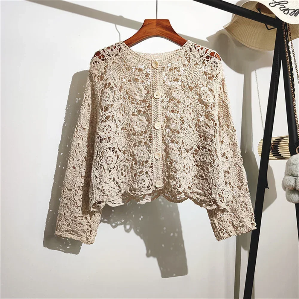 Lace Small Shawl Cotton Cardigan female 2024 spring and summer o neck long sleeve solid casual Versatile Hollow Cardigan Female