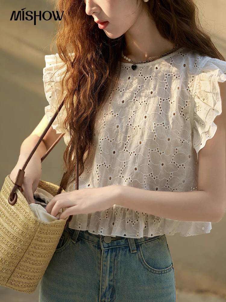 

MISHOW Lace Blouses 2023 Summer French 100 Cotton Sweet Flying Sleeve Solid Sleeveless Hollow Out Female O Neck Tops MXC38X0059