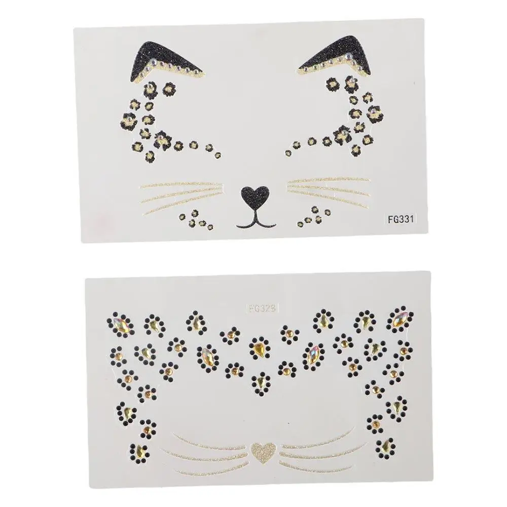 Acrylic Diamond Cat Face Tattoo Temporary Long Lasting Fake Cat Face Stickers DIY Waterproof Tattoo Stickers Girls