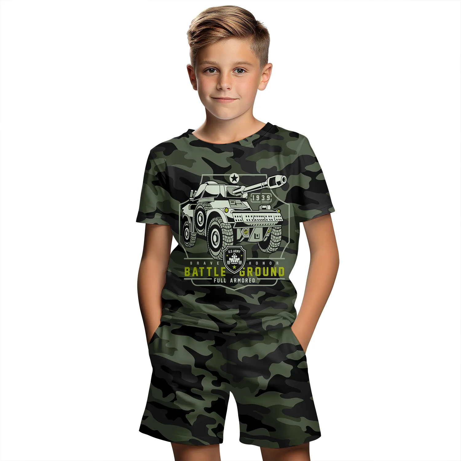 Camouflage Clothing Summer Breathable Children\'s Short Sleeved T-Shirt Set Shorts 3d Cartoon Print Boy Clothing Girl Toddlerbaby