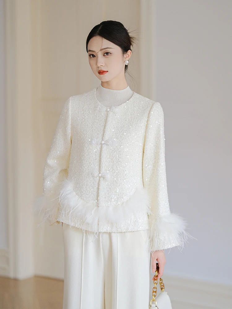

Ele 2025 High-End Small Fraance Sle Women's Outerwear Ostrich Feather Splicing Design Sense Top Quali Jaet