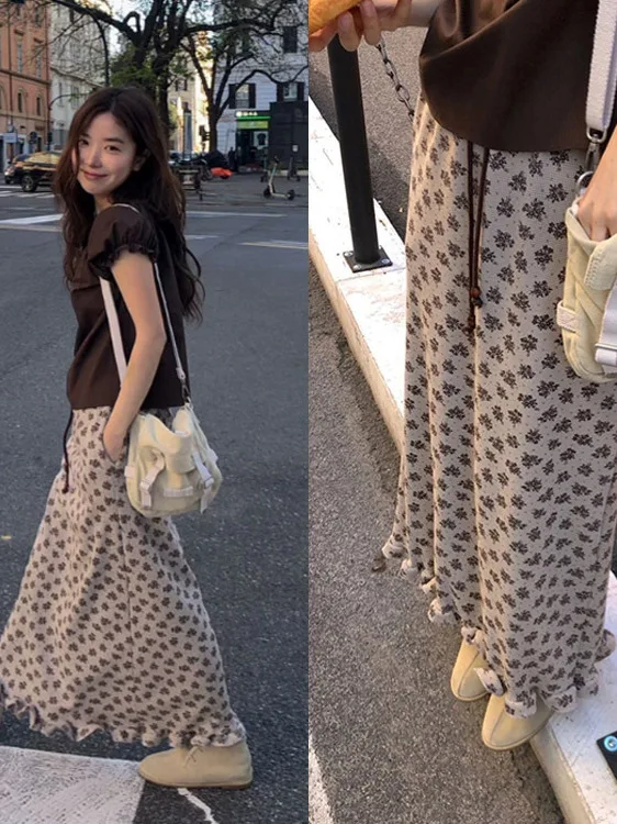 

Floral Print irt Bubble Sve Ruffle Hem ter Ne Pure Color round Ne Pleated Skirt Set Women's Commute Sle Loose Fit