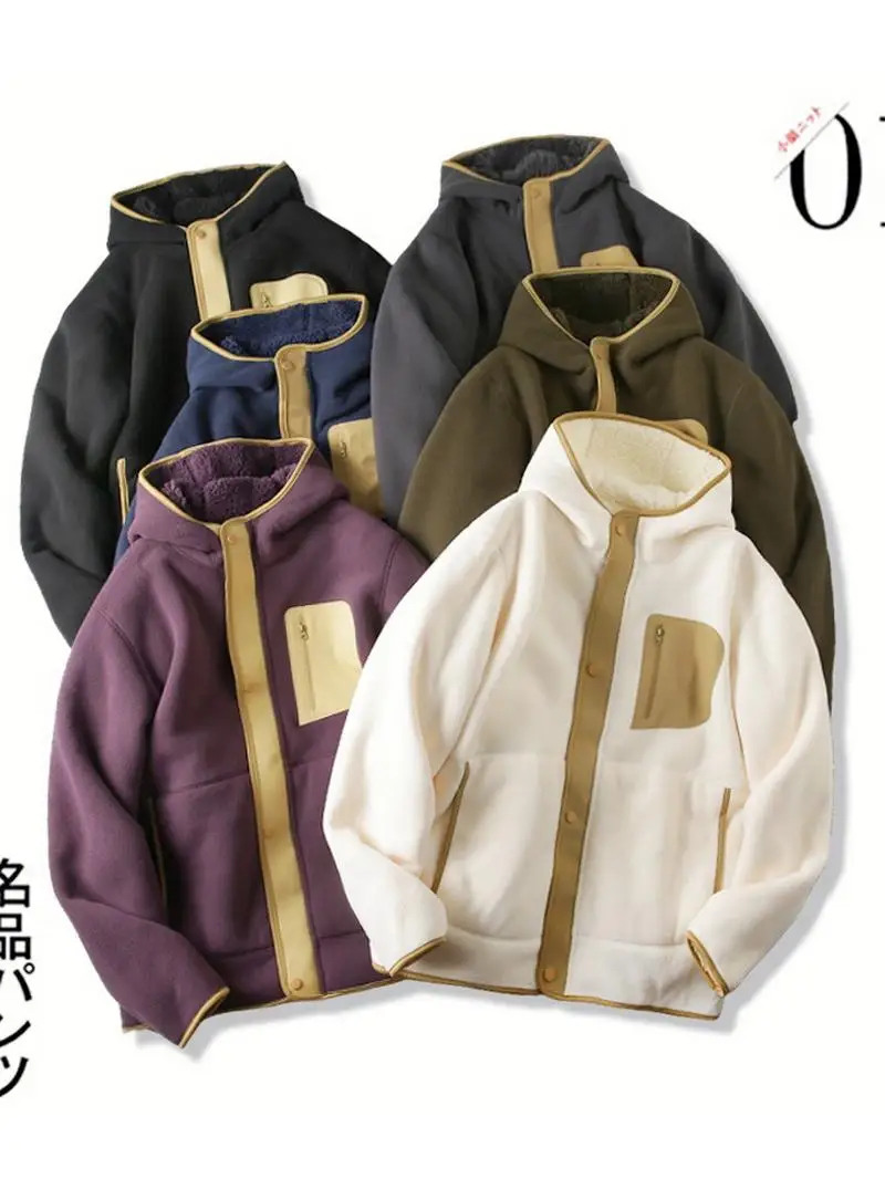 

Lamb Velvet Fce Lined Thiened Jaet Autumn Winter New Sle Color Blo Casual Hooded Warm Zipper Closure Men's Coat