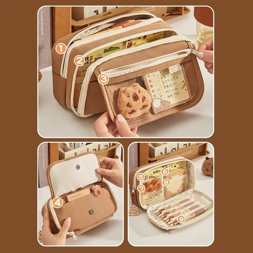 

9-Layer Cute Pencil Bag with Stickers Kawaii Zipper Large Capacity Capybara Stationery Holder Bag Supplies