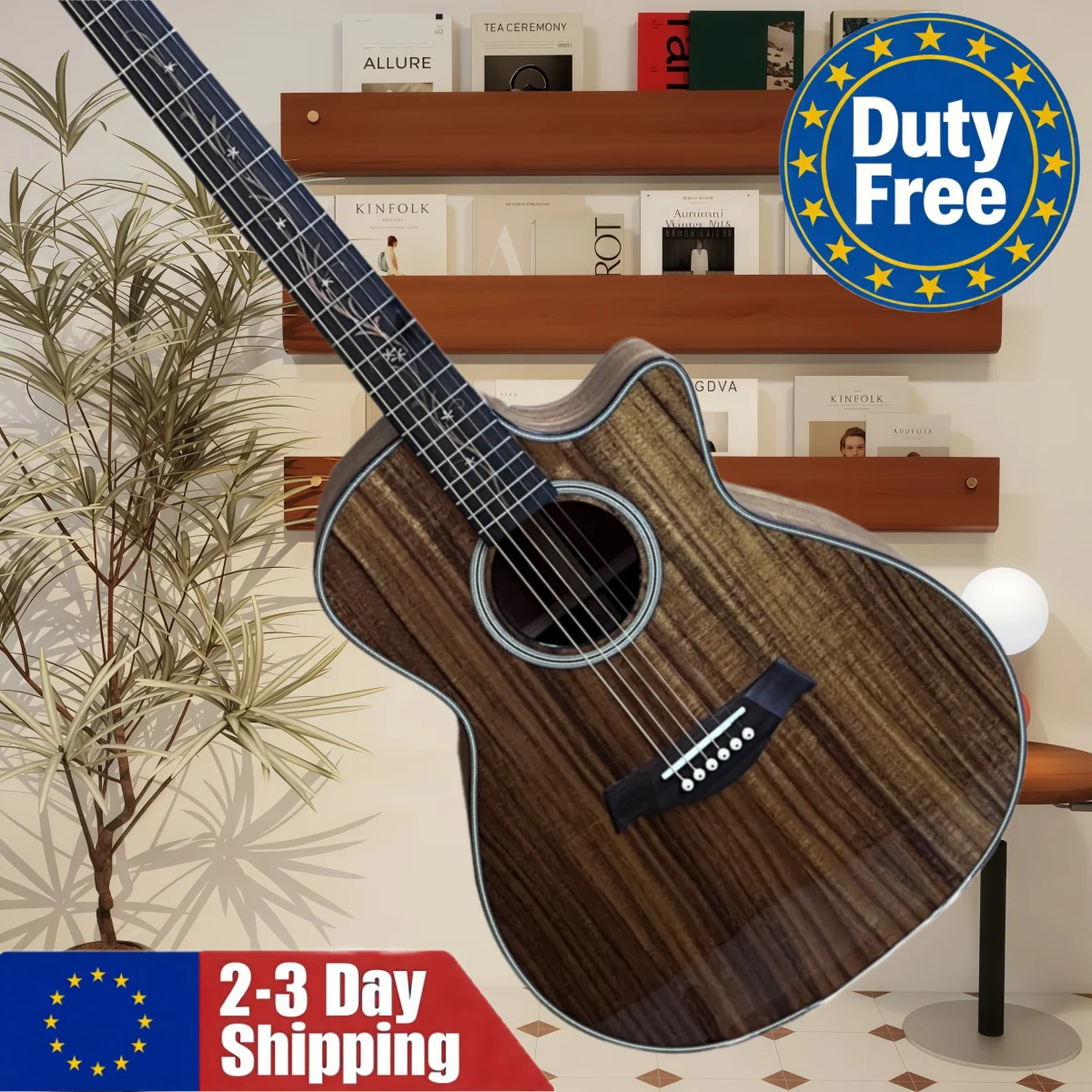 Guitare acoustique allemande, prête à être expédiée, corps marron, chevalet fixe, touche en palissandre avec incrustations florales, guitare acoustique classique, son riche, idéale pour les débutants, qualité sonore répondant aux exigences.