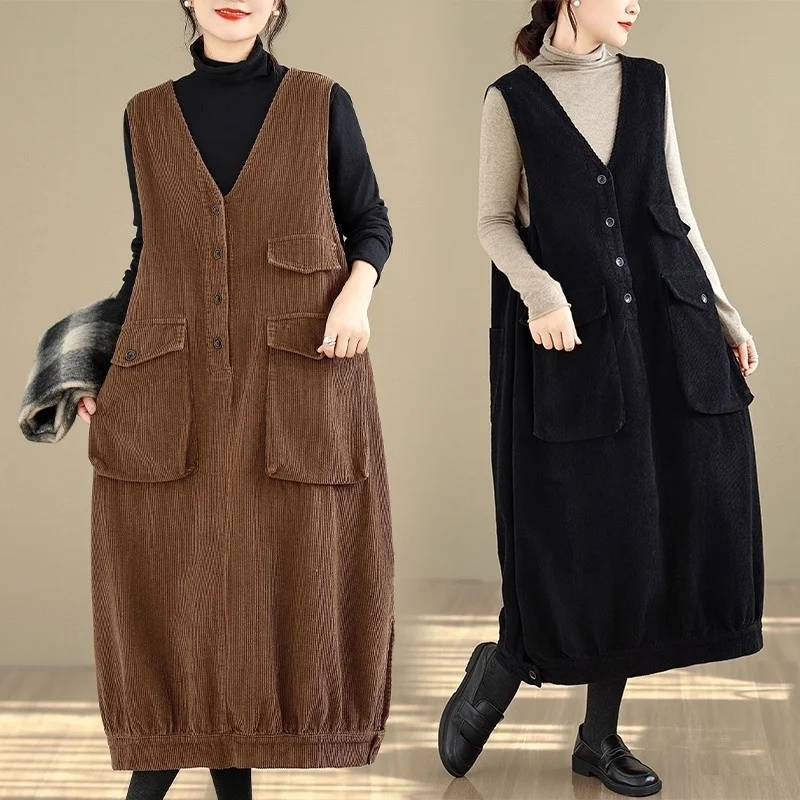 

Зимнее вельветовое платье-жилет, свободное платье с большим карманом, женское корейское модное платье-майка без рукавов, весна-осень w1523